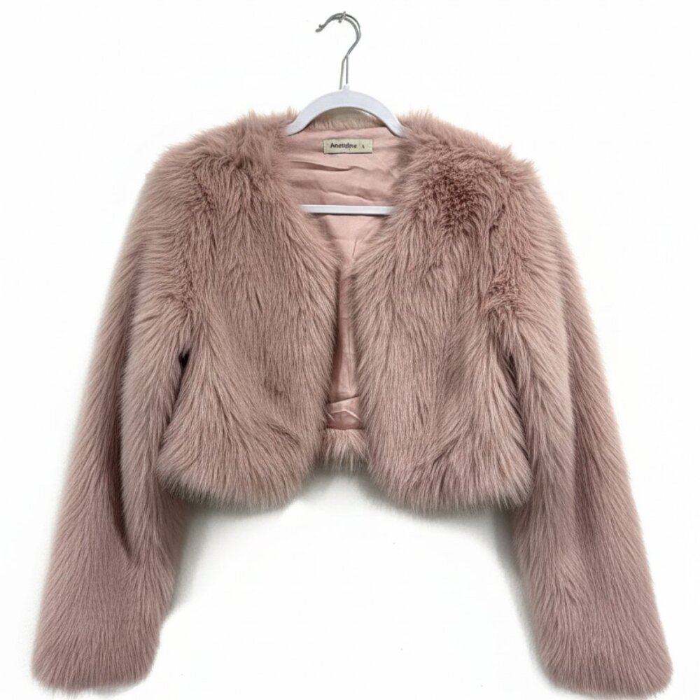 Pink Faux Fur Cropped Coat, Pink Soft Jacket Size Large NWOT, Warm Pink Jacket